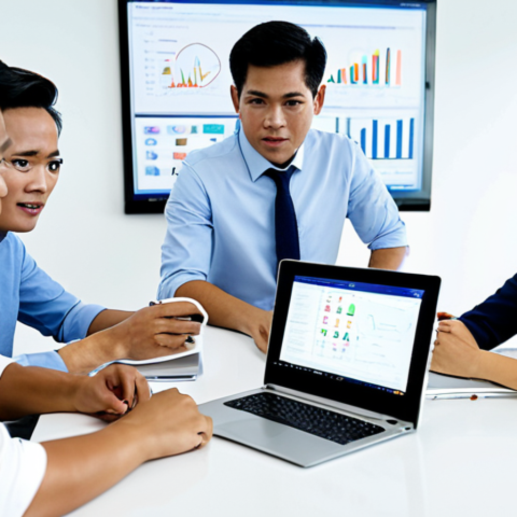 **
"A diverse group of fully clothed Thai business professionals collaborating around a table in a modern, brightly lit office. They are reviewing data on a laptop displaying a cloud service interface. Everyone is wearing modest business attire. The background shows a clean and organized workspace with motivational posters in Thai. Focus on teamwork and problem-solving. Safe for work, appropriate content, perfect anatomy, natural proportions, professional, family-friendly, high quality."
**