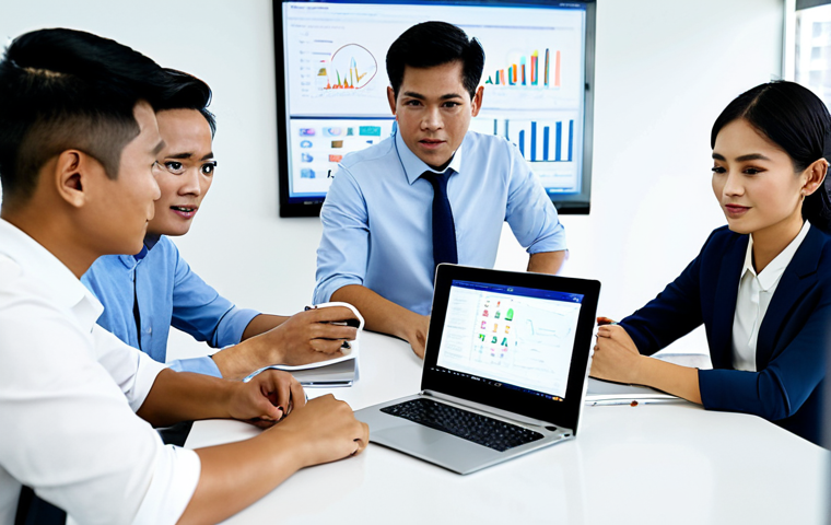 **

"A diverse group of fully clothed Thai business professionals collaborating around a table in a modern, brightly lit office. They are reviewing data on a laptop displaying a cloud service interface. Everyone is wearing modest business attire. The background shows a clean and organized workspace with motivational posters in Thai. Focus on teamwork and problem-solving. Safe for work, appropriate content, perfect anatomy, natural proportions, professional, family-friendly, high quality."

**