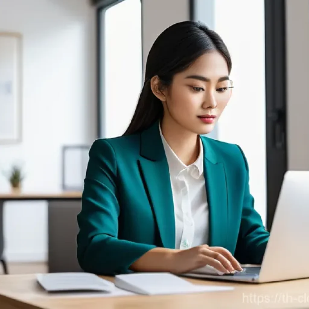 데이터 스토리지 솔루션 비교 - A young, focused professional, possibly a Thai woman in her late 20s, working diligently at a clean,...