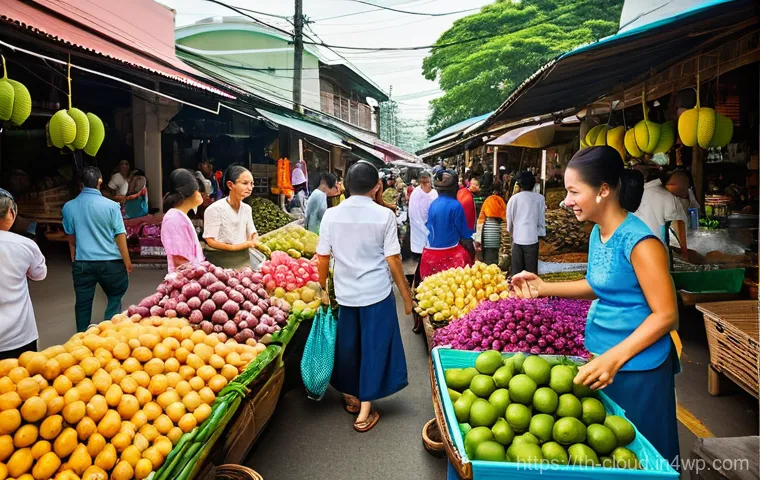 클라우드 컴퓨팅의 다층 보안 전략 - **Prompt:** A bustling, vibrant outdoor market scene in Thailand, filled with local vendors and shop...