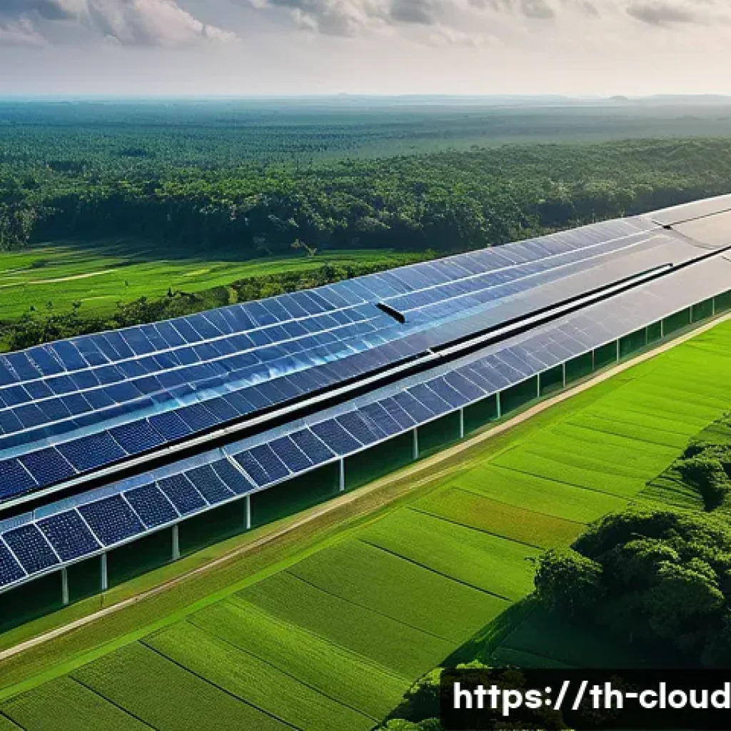 클라우드 서비스 지속 가능성 비교 - **Prompt 1: Green Data Center in Thailand**
A wide-angle, aerial view of a state-of-the-art, eco...