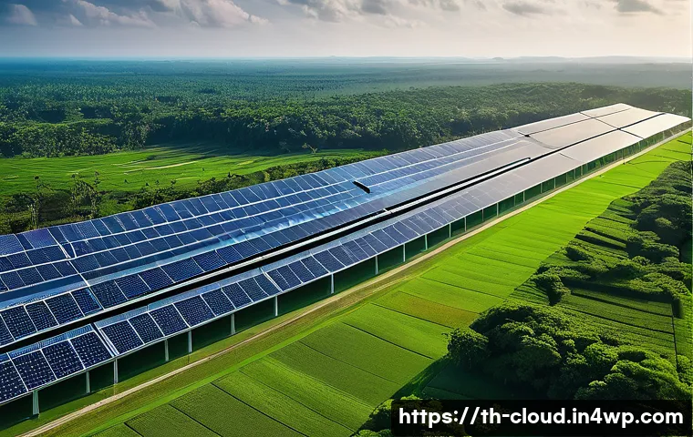 클라우드 서비스 지속 가능성 비교 - **Prompt 1: Green Data Center in Thailand**
A wide-angle, aerial view of a state-of-the-art, eco...