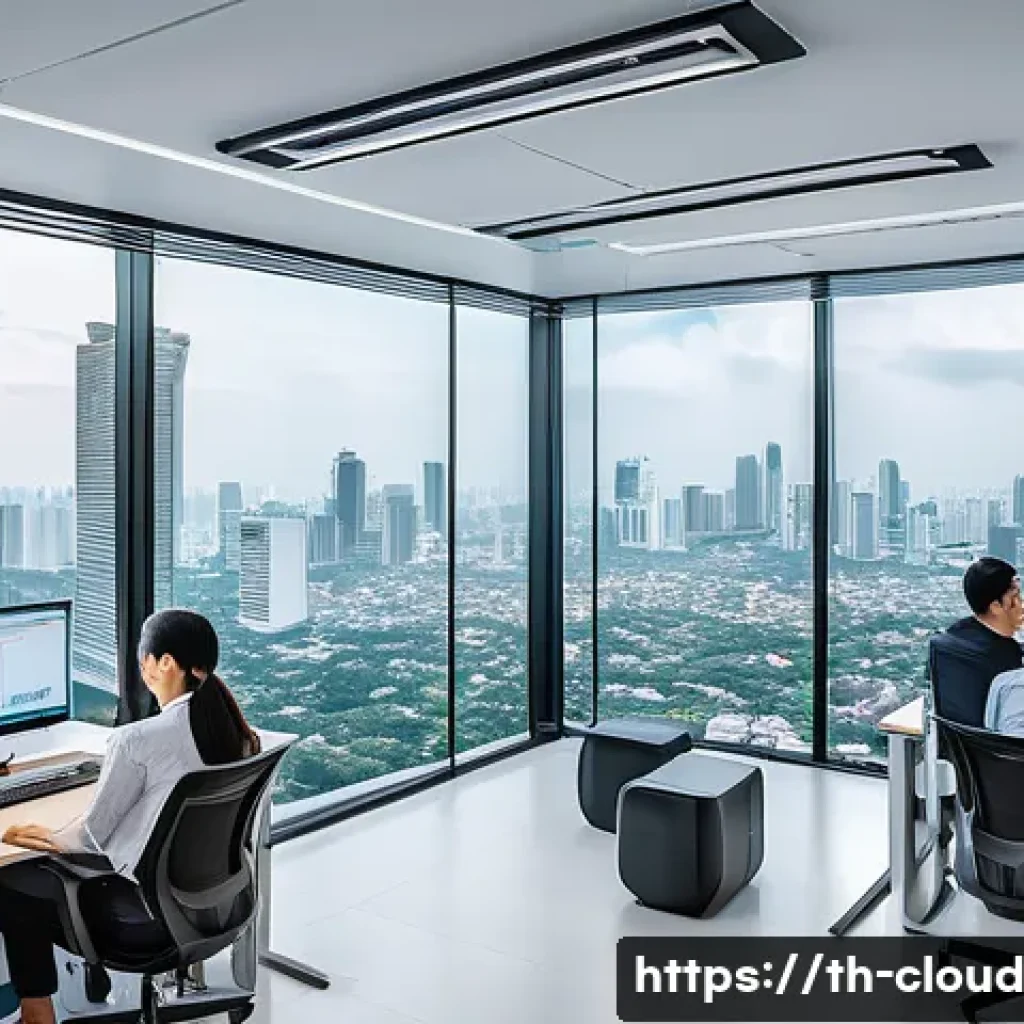 클라우드 마이그레이션 전략과 고려사항 - A detailed office scene showing a diverse IT team in a modern Bangkok tech company, collaboratively ...