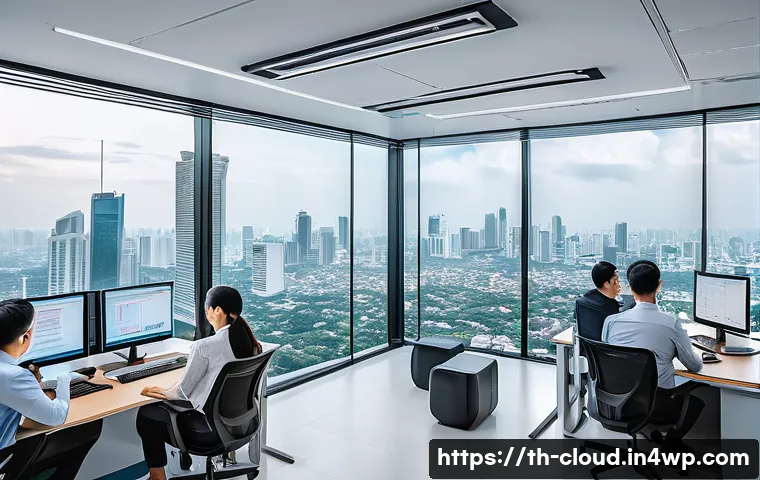 클라우드 마이그레이션 전략과 고려사항 - A detailed office scene showing a diverse IT team in a modern Bangkok tech company, collaboratively ...