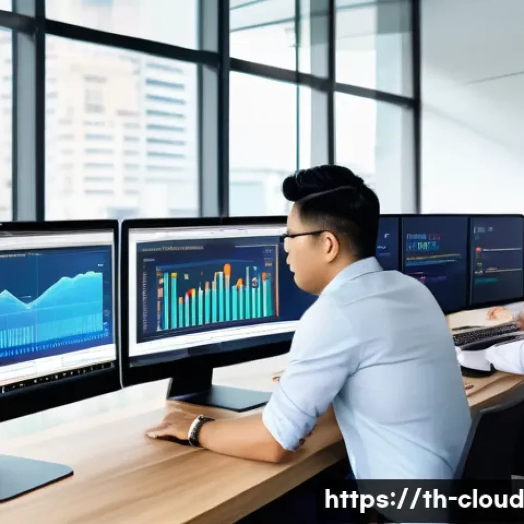 클라우드 환경에서의 리소스 최적화 방법 - A modern Thai office environment showing a diverse team of IT professionals in casual business attir...