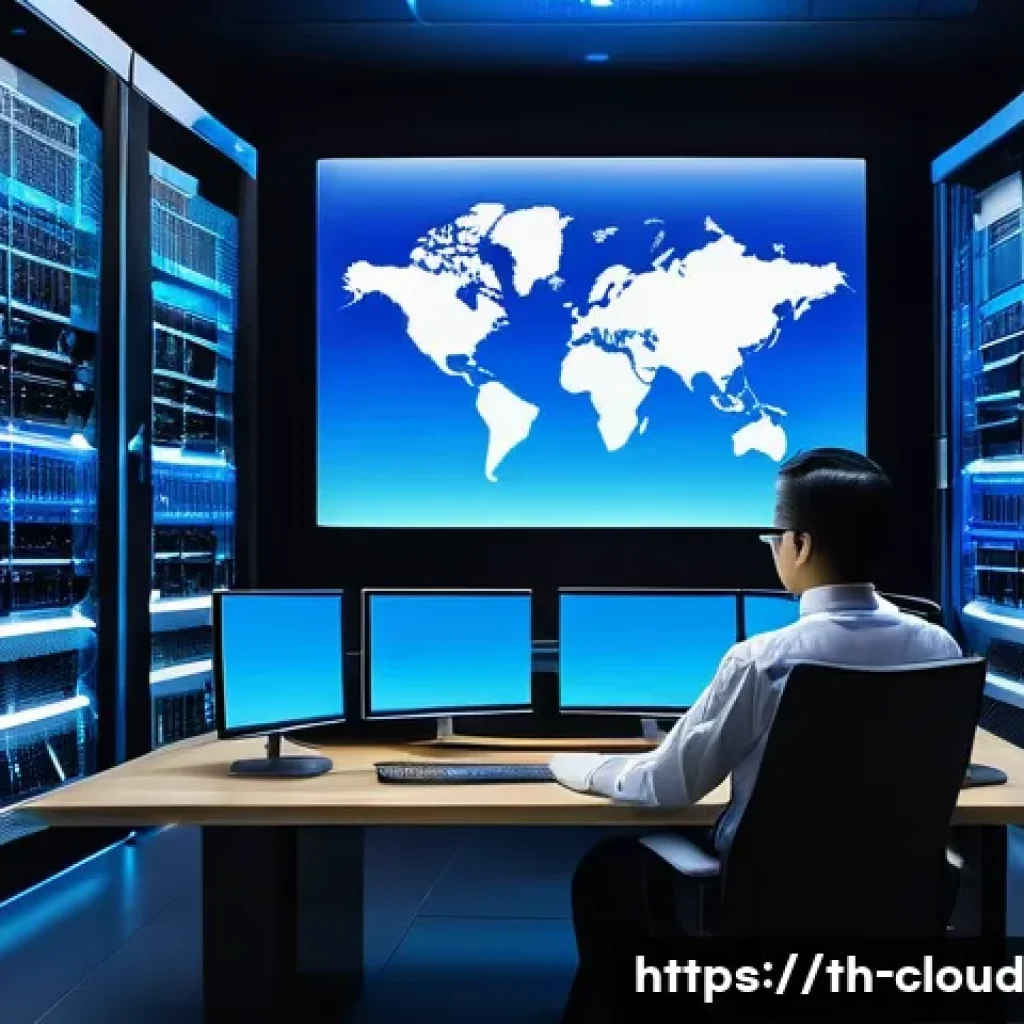 클라우드 서비스의 성능 저하 원인 분석 - A detailed digital illustration of a modern cloud computing data center in Bangkok, Thailand, showin...