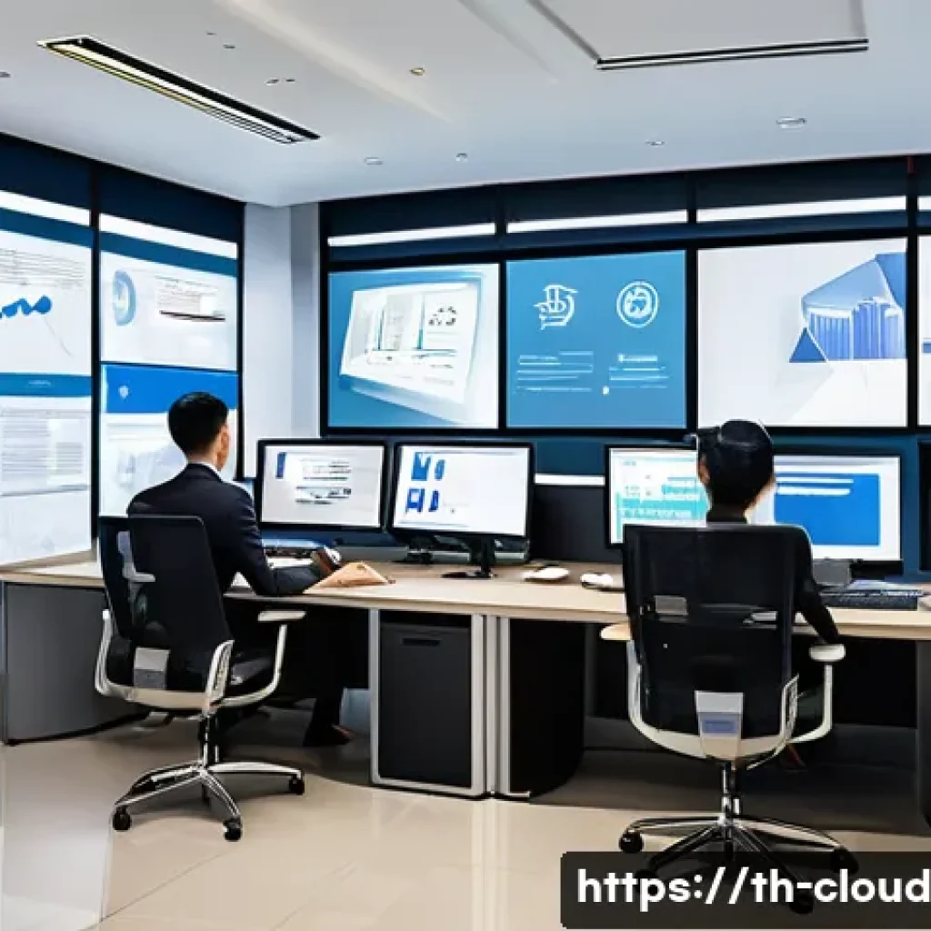클라우드 서비스 선택 시 고려해야 할 사항 - A modern office environment in Bangkok, Thailand, showcasing a diverse team of professionals collabo...