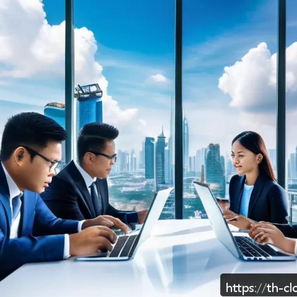 클라우드 서비스와 전통 IT 인프라 비교 - A modern office scene showing a diverse group of Thai business professionals in formal attire collab...