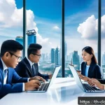 Home 22 클라우드 서비스와 전통 IT 인프라 비교 - A modern office scene showing a diverse group of Thai business professionals in formal attire collab...