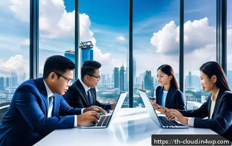 클라우드 서비스와 전통 IT 인프라 비교 - A modern office scene showing a diverse group of Thai business professionals in formal attire collab...