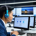 Home 20 각 클라우드 서비스의 고객 지원 비교 - A modern Thai customer service center with diverse agents using cloud-based communication tools on m...