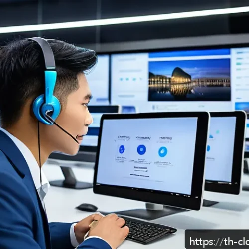 Home 32 각 클라우드 서비스의 고객 지원 비교 - A modern Thai customer service center with diverse agents using cloud-based communication tools on m...