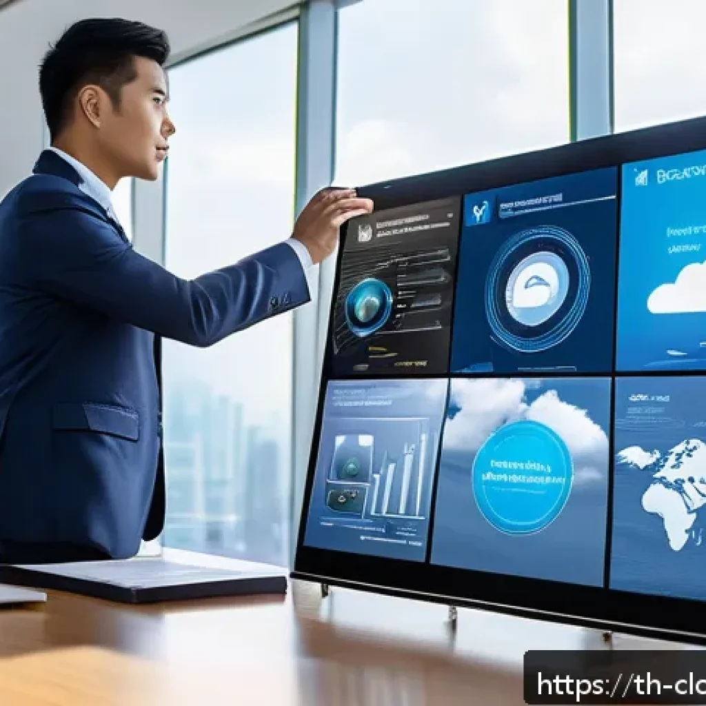 클라우드 서비스의 비즈니스 요구 사항 충족 방법 - A modern Thai business office environment with diverse professionals collaborating around a large di...