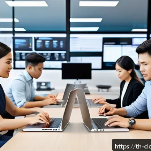 Home 30 클라우드 서비스의 프로젝트 관리 도구 비교 - A modern Thai office environment featuring a diverse team of professionals collaborating remotely us...