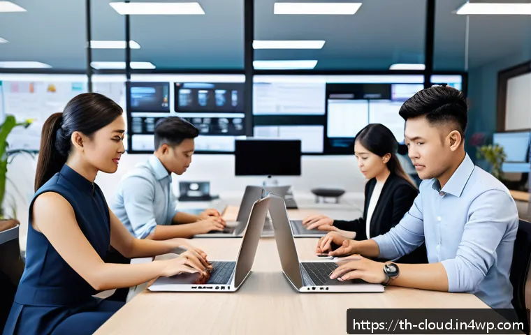 클라우드 서비스의 프로젝트 관리 도구 비교 - A modern Thai office environment featuring a diverse team of professionals collaborating remotely us...