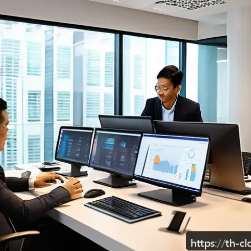 Home 29 비용 효율적인 클라우드 서비스 추천 - A modern Thai small to medium business office environment showing a diverse team of professionals co...