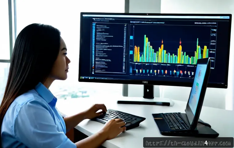 Home 17 클라우드 컴퓨팅과 빅데이터의 관계 - Photorealistic modern Bangkok business office, Thai data analyst studying large colorful data visual...